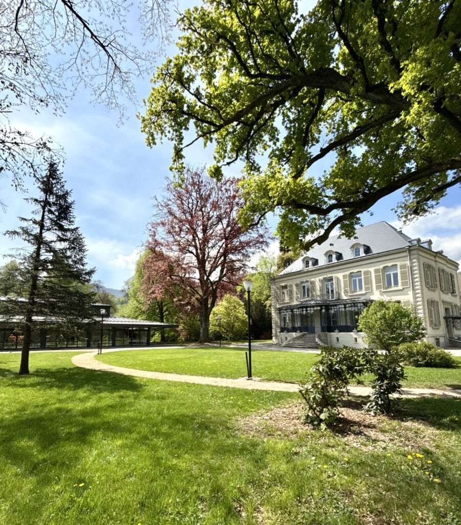 Parc arboré de la Villa des Hêtres Pourpres avec pelouse verte, arbres majestueux et allée courbe.