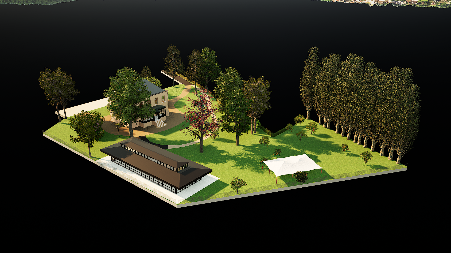 plan-3d-domaine-villa-des-hetres-pourpres – La villa des hêtres pourpres Vue 3D du domaine de la Villa des Hêtres Pourpres montrant le manoir, l’orangerie et les espaces verts.