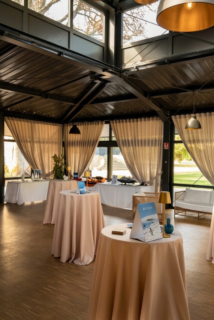 améliore la qualité dimage lumière – La villa des hêtres pourpres Elegant event space with round high-top tables draped in beige linens, soft lighting, and a buffet area in the background behind sheer curtains.