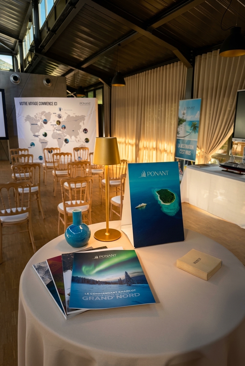 joue avec les lumière améliore la qualité dimage – La villa des hêtres pourpres Round conference table with travel brochures, a blue ceramic vase, and a gold lamp in a bright event space; island map backdrop in the background.