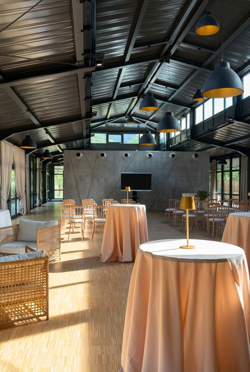 rend limage plus net juste sa – La villa des hêtres pourpres Industrial-style event hall with peach-draped round high-top tables, wicker seating, and a metal-paneled wall with a mounted TV in the center.